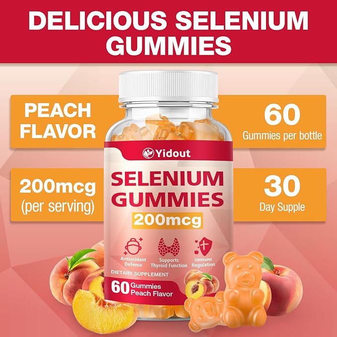 Selenium Supplement for Thyroid Support Gummies 200mcg as Energy Booster for Women and Men, Peach Flavor (60 Count（Pack of 1）)