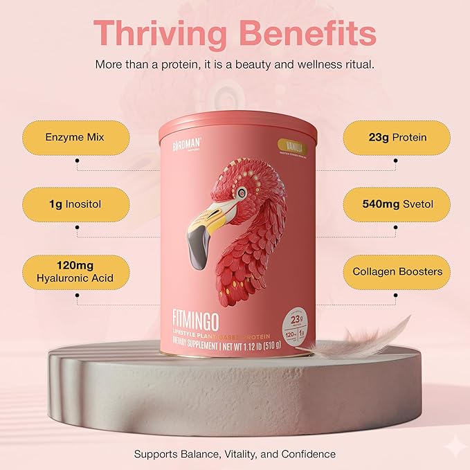 BIRDMAN Fitmingo Vegan Protein Powder with Inositol, Collagen Boosters, Hyaluronic Acid and Vitamins | Low Carb, Dairy Free, Low Calorie | 23g Plant Based Vanilla Protein Powder with Myo-Inositol
