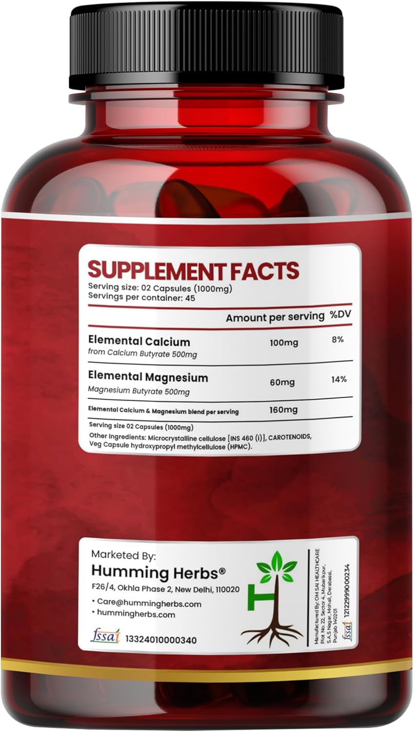 Calcium Magnesium Butyrate 1000Mg 2-in-1 Formula with Elemental Calcium & Elemental Magnesium – 90 Capsules