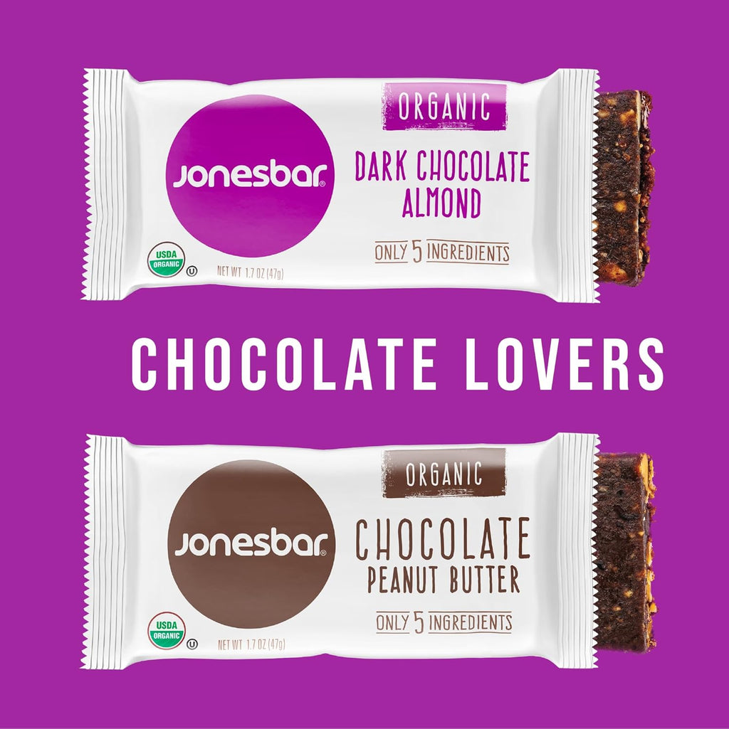 JONESBAR Organic Plant Based Protein Bars | Chocolate Lovers Pack | Fruit & Nut Bar, Kosher, Gluten Free, Breakfast Bars, School Snacks, Vegan Snack & Healthy Snacks for Adults and Kids (Pack of 12)