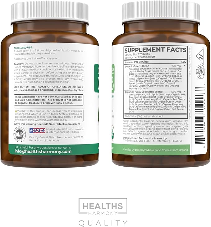 USDA Organic Super Greens Supplement - Organic Greens Fruits and Vegetable Supplement for Adults with 28 Superfood Complex with Superfruits Roots Herbs & More - Vegan & Non-GMO (Up to 3 Month Supply)