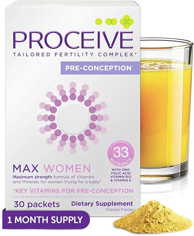 Proceive Max Tailored Fertility Supplement for Women, Pre Conception Vitamins, Minerals, and Amino Acids with Vitamin D, Zinc, Myo Inositol, and Folate, 30 Vegan Drink Mix Packets, Orange Flavor