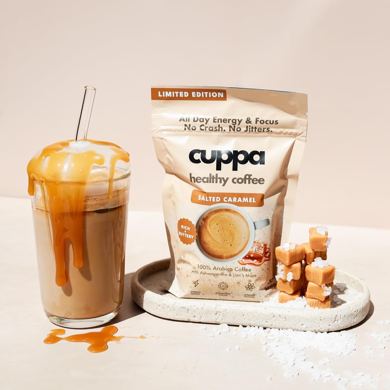 Cuppa Salted Caramel Healthy Mushroom Insant Coffee with Lion's Mane & Ashwagandha for All Day Energy & Focus - No Crash or Jitters - Nootropics for Brain Health, Gut Health, Immunity, Stress, Memory + Mood - 60 Servings