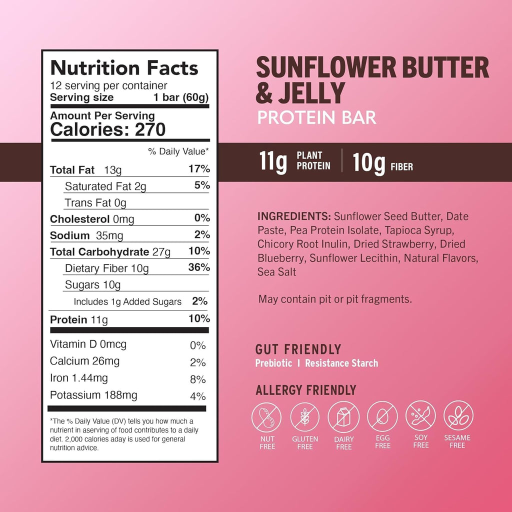 Amrita Nut Free Sunflower Butter & Jelly Vegan Protein Bars ( 12 CT PK of 3 ) | 11g Plant-Based Protein Bar | Peanut Free, Gluten Free, and Dairy Free | Low Sugar, High Fiber, Healthy School-Safe Snacks