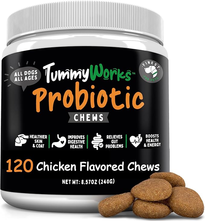 TummyWorks Probiotics for Dogs. 120 Probiotic Soft Chews for Digestive Health, Gut, Immunity, Energy, Allergies, Skin & Coat. 10 Strains, 5 Billion CFUs with 6 Enzymes. Made in USA
