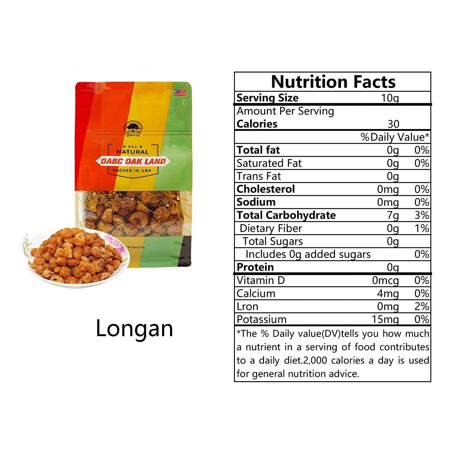 DABC OAK LAND Natural Dried Longan 100% Fruit Meat, Premium Thailand Sun Dried Longan, Naturally Sweet, Healthy, Gluten-Free, Vegan, High in Vitamins, Dried Fruit Supplement 8OZ/Bag