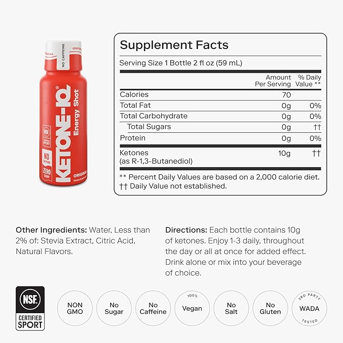 Ketone-IQ No Caffeine Exogenous Ketones Energy Shots - 24 Pack of Caffeine Free Energy Drinks with 10g Ketones - Sugar Free, Salt Free, and All Natural (Original)