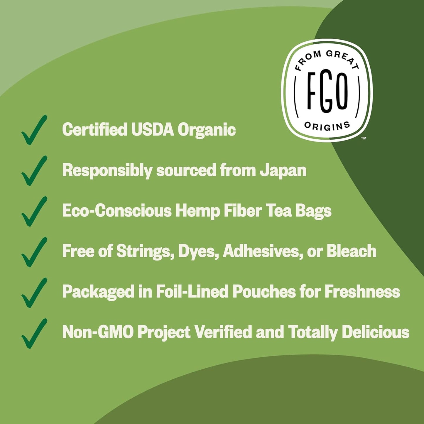 FGO Organic Japanese Matcha + Green Tea, 100 Count, Eco-Conscious Tea Bags, Resealable Bag, Packaging May Vary (Pack of 1)