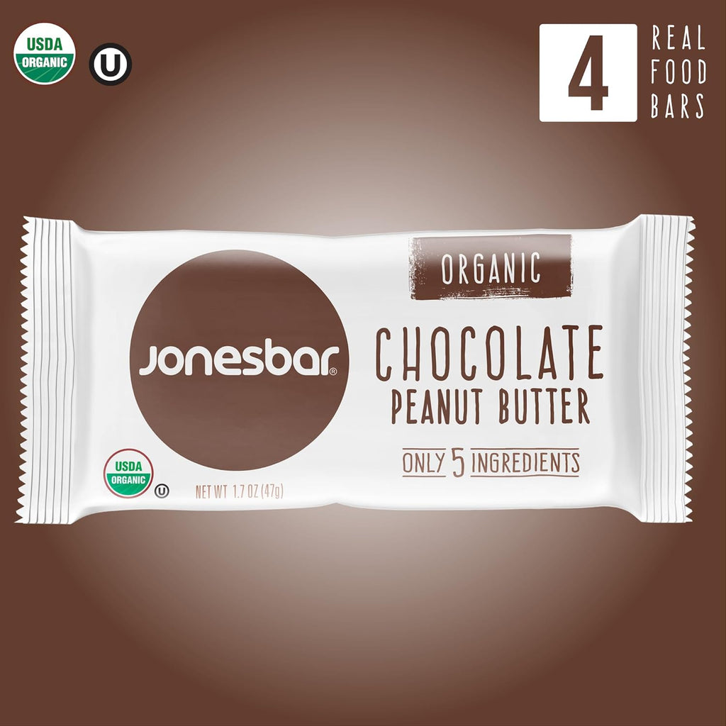 JONESBAR (Chocolate Peanut Butter, 4 Count (Pack of 1)), USDA Organic Fruit & Nut Bar, Non-GMO, Kosher, Vegan, Gluten Free, Simple Snack Bar