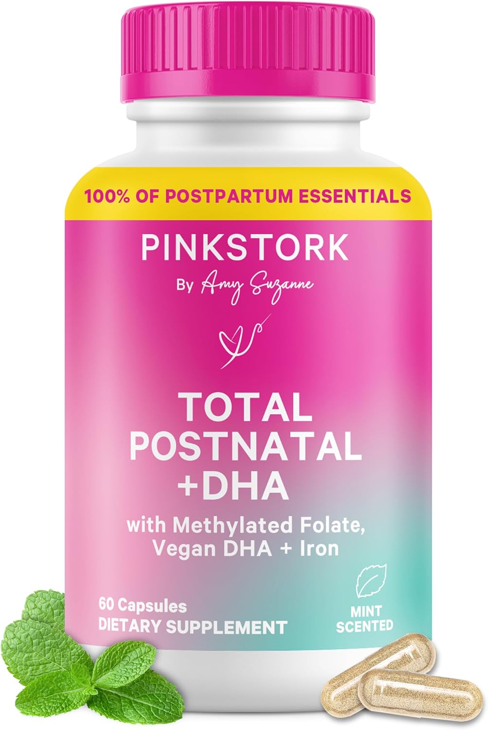 Pink Stork Total Postnatal Vitamins for Women | Vegan DHA, Methylated Folate, Iron, + Vitamin B12 | Postpartum Recovery Essentials + Breastfeeding Support | Mint, 1-Month Supply