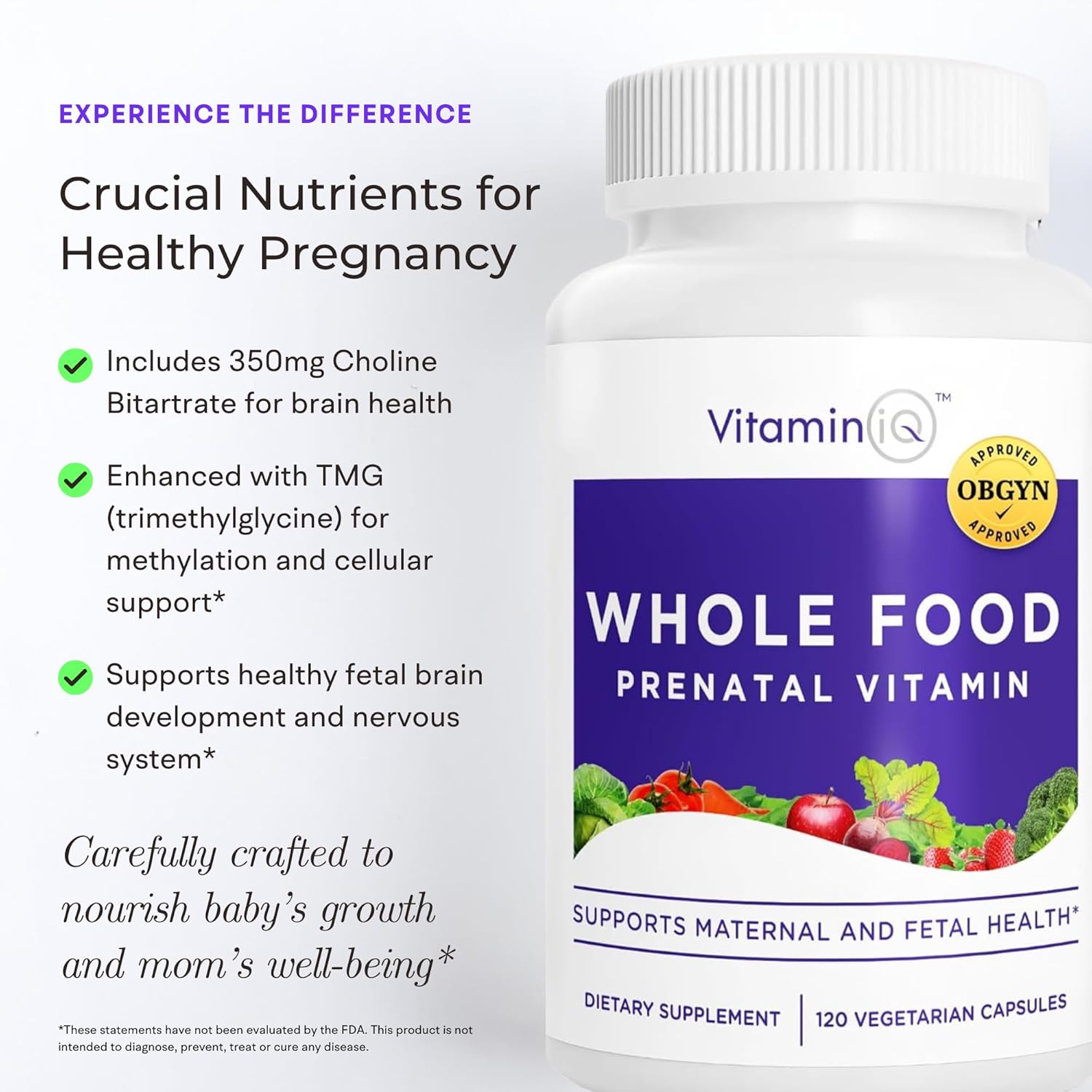 Whole Food Prenatal Vitamins (120 Capsules) Natural Support for Maternal and Fetal Health, Prenatal Multivitamin for Women with Choline, B Vitamins and More, Vegan, No Soy, Gluten or Dairy