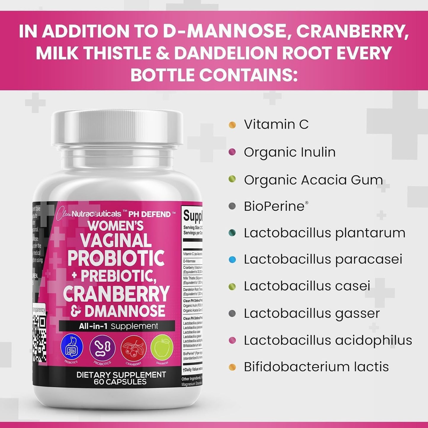 Clean Nutraceuticals Vaginal Probiotics for Women + Prebiotics 20 Billion Cranberry Pills w D-Mannose 500 mg for Urinary Tract Health pH Balance - for Vaginal Health Supplements Pills - 3Pack