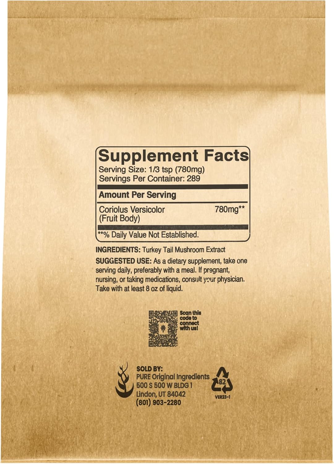 PURE ORIGINAL INGREDIENTS Turkey Tail Mushroom (8oz) Trametes Versicolor, Coriolus Versicolor, Non-GMO