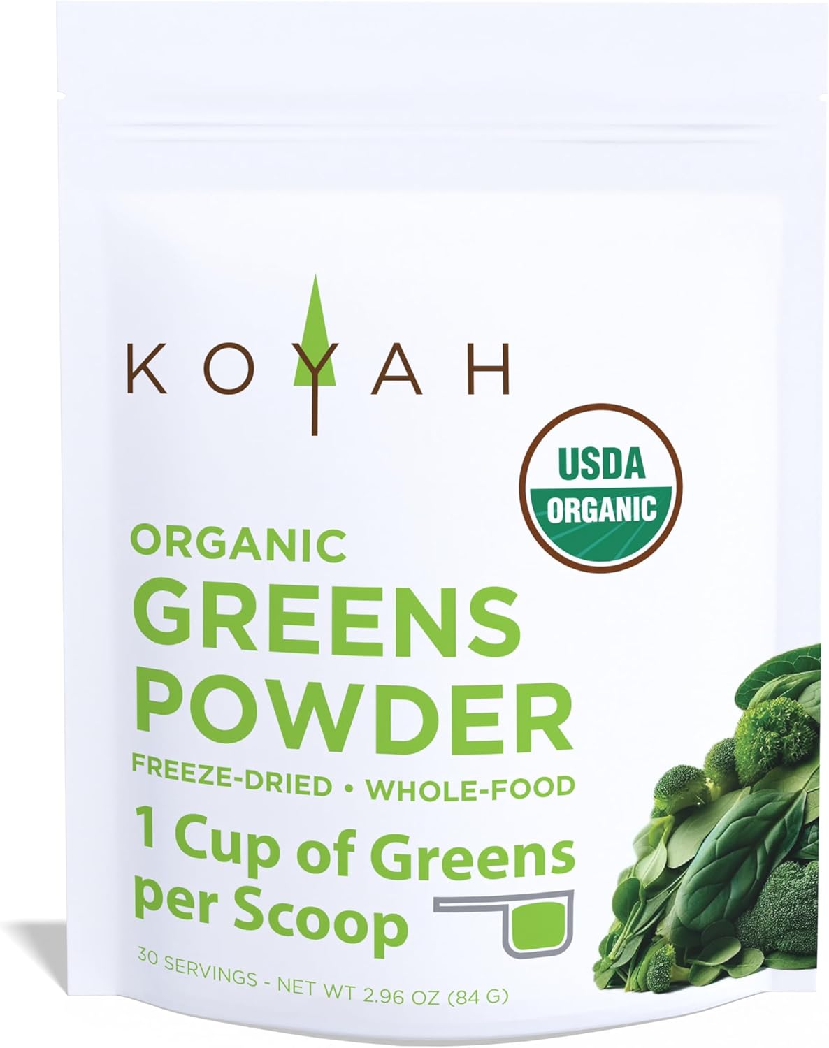 KOYAH - Organic Greens Blend Powder (Equivalent to 30 Cups Fresh Greens): Freeze-Dried, Whole-Vegetable