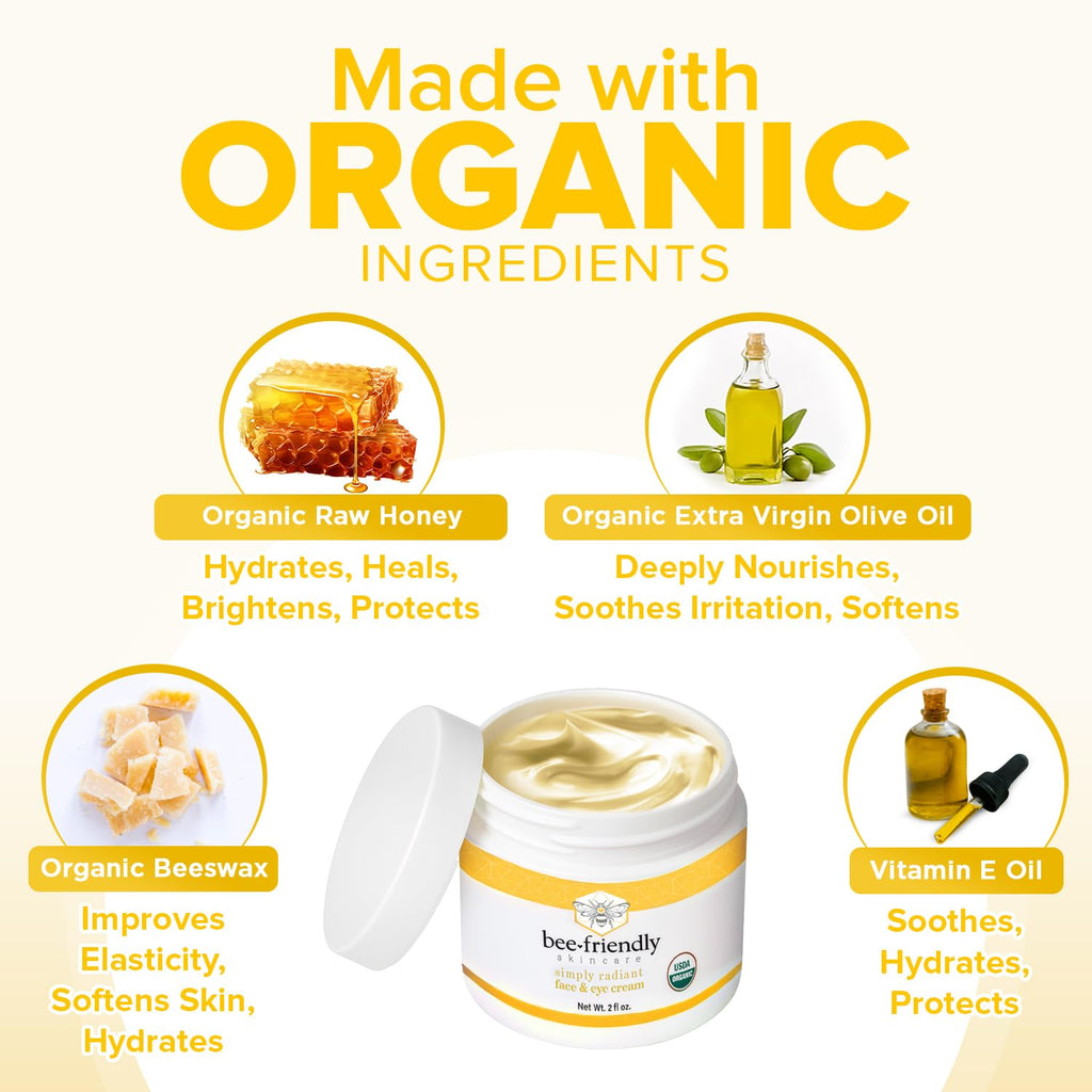 BeeFriendly Organic Face and Eye Cream, USDA Certified Organic Facial Moisturizer, All In One Natural Face, Eye, Neck, Decollete Cream Reduces Wrinkles & Lines, 4 oz - (2 Jars in a box)
