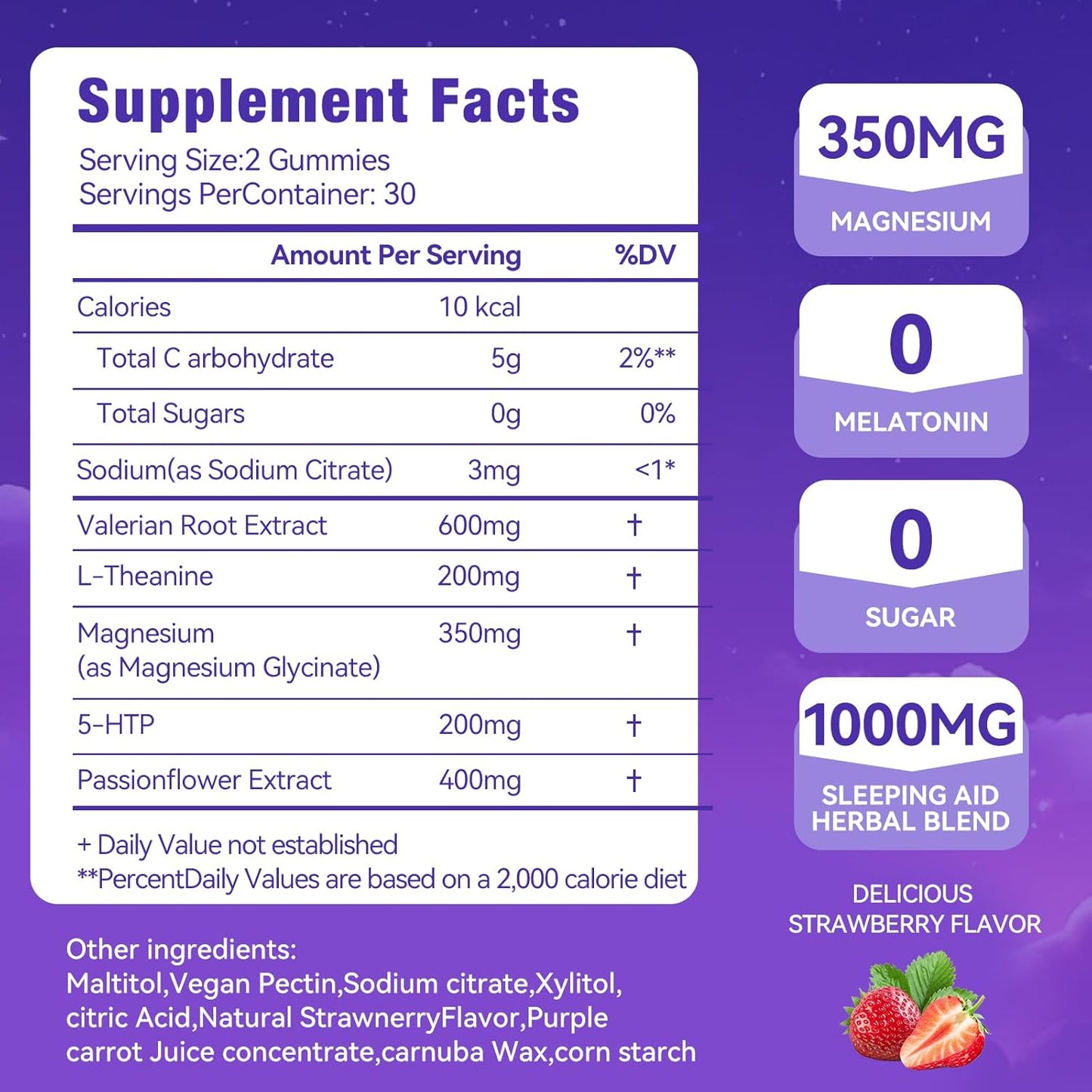 Melatonin Free Sleep Gummies for Adults with Magnesium, Valerian Root, 5-HTP & Herbal Blend - Natural Sleep Aid Supplements - Non-Habit Forming, Sugar Free, Strawberry Flavor, 60 Count (1)