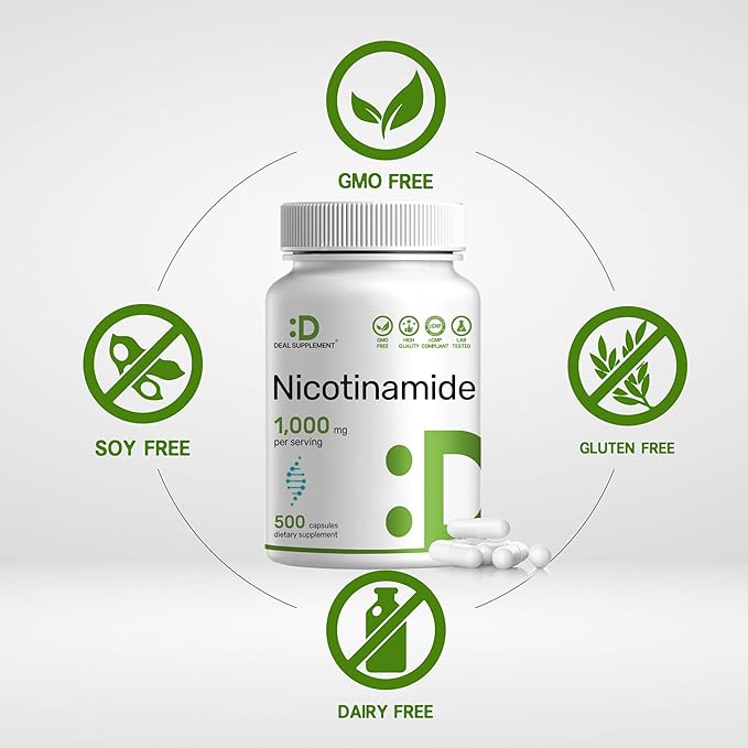 Vitamin B3 Nicotinamide 1,000mg Per Serving – 500 Capsules, Flush Free Niacin, Essential B3 – Supports Healthy Skin & Energy Production – Non-GMO