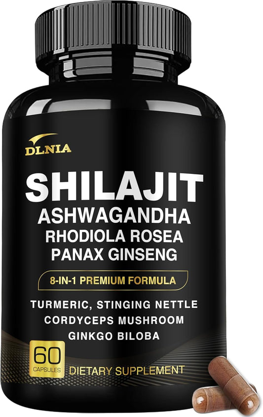 8-in-1 Shilajit for Men & Women with Ashwaganda Himalayan Organic Supplement with Rhodiola Rosea, Ginseng, Turmeric, Mushroom, for Immune Support, Energy, Calm, Focus, Clarity, Sleep, Cortisol