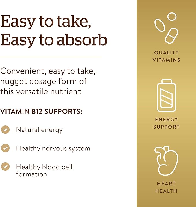 Solgar Vitamin B12 1000 mcg, 100 Nuggets - Energy Production, Red Blood Cells - Healthy Nervous System - Promotes Cardiovascular Health - Vitamin B - Non-GMO, Gluten Free, Kosher - 100 Servings