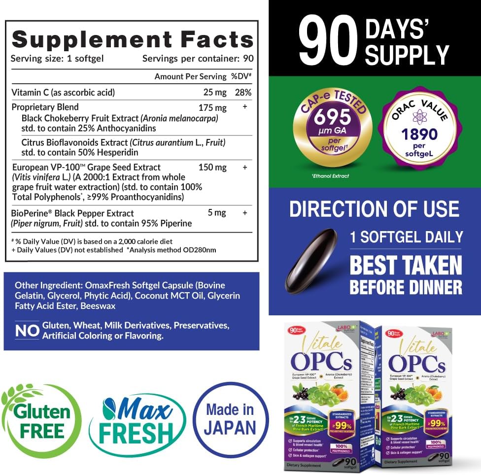 LABO Nutrition Vitale OPCs | Premium European Grape Seed Extract with Aronia, Citrus Bioflavonoids | Supports Circulation, Skin Health and Cellular Protection | 100% polyphenols 90 Softgels