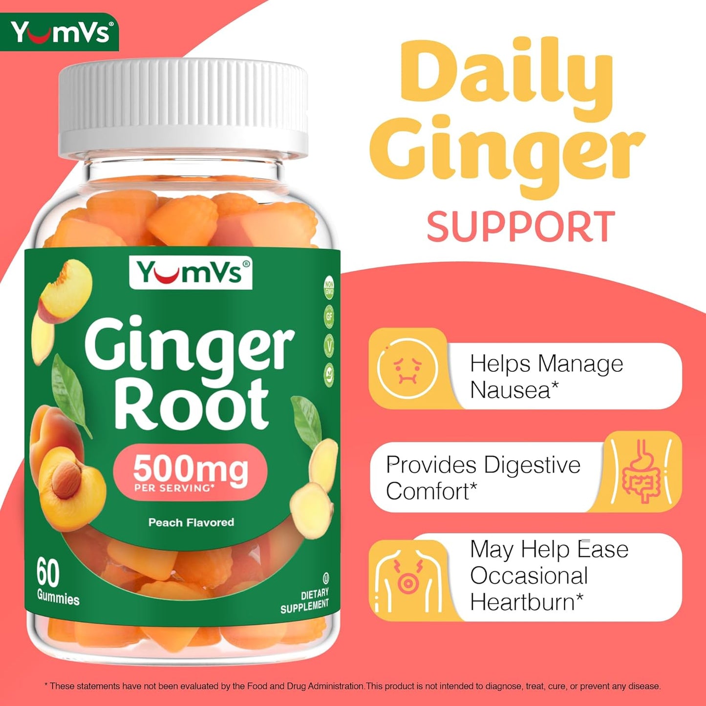 YumVs Ginger Gummies – 500 mg Ginger Root Extract – Peach Flavor, 60 Count – Natural Nausea Relief, Digestion & Immune Support – Ginger Supplement for Women & Men – Vegan, Non-GMO, Gelatin-Free