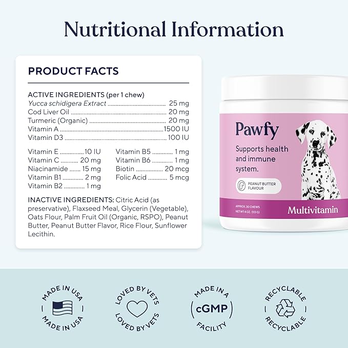 Pawfy Dog Multivitamins 15 in 1 | Dog Vitamins for Skin & Coat - Supports Overall Wellness | Advanced Senior Dog Supplements from Occasional Itching | Puppy Tasty Vitamin C Chews - 30 Count