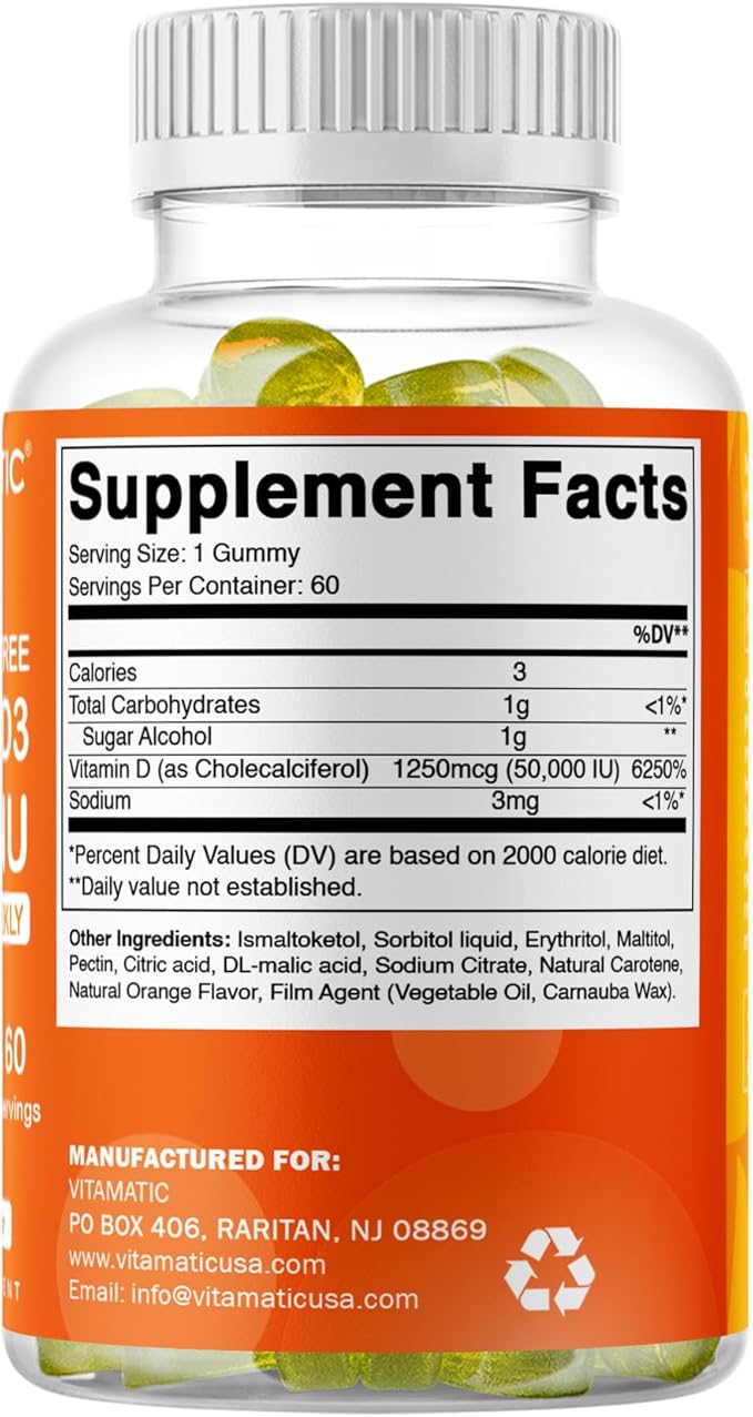 Vitamatic Sugar Free Vitamin D3 50,000 IU Weekly Supplement – 60 Pectin-Based Gummies High-Potency Vitamin D for Bone, Teeth & Immune Support