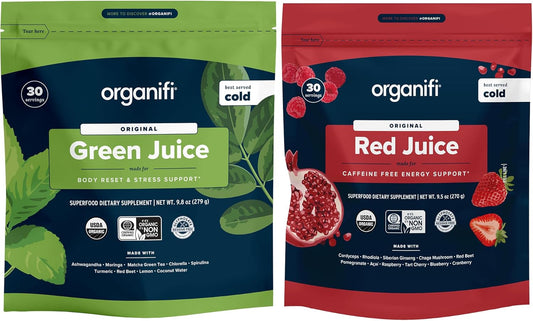 Organifi Green Juice and Red Juice Bundle - 30 Day Supply - Delicious, Refreshing Organic Superfood Supplement Powder With Antioxidants for Energy and Stress Relief Support - No GMO, Gluten, or Soy