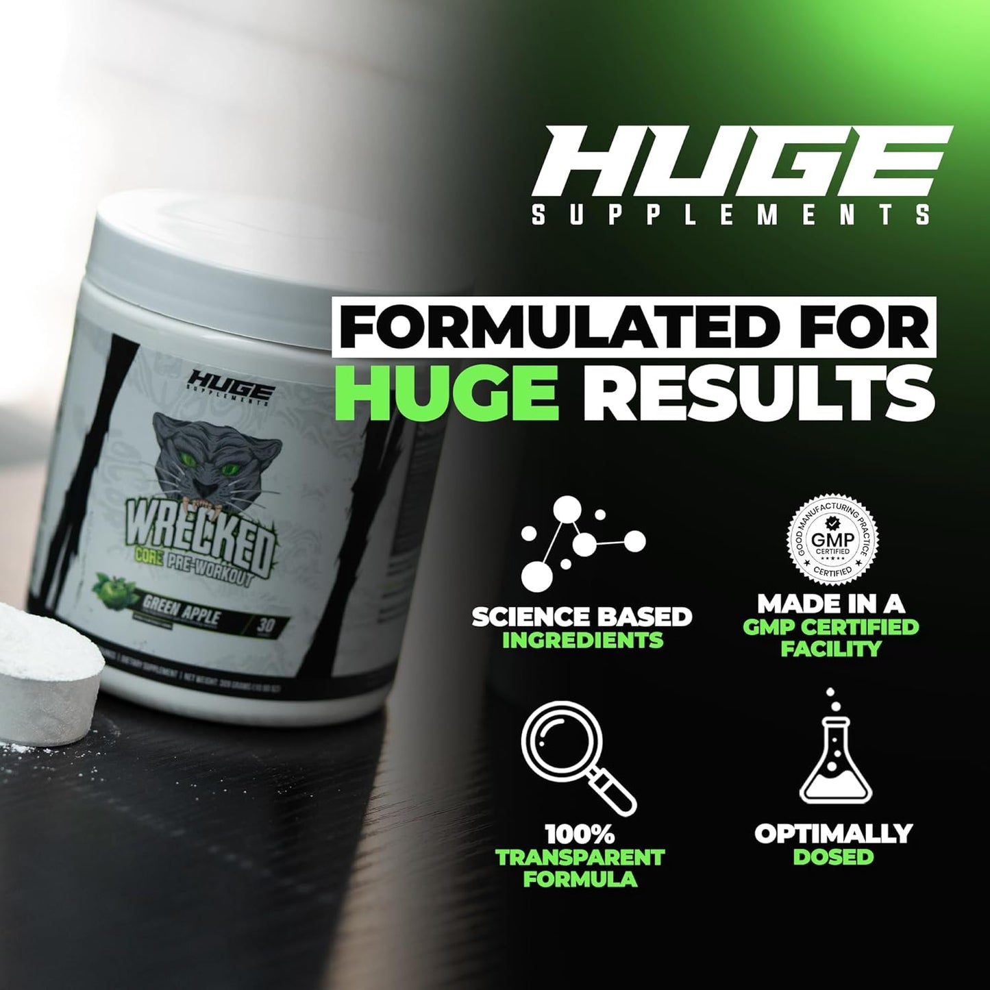 Wrecked Core - All-in-One Pre-Workout Supplement for Men & Women, Increase Energy, Focus & Pumps with L-Citrulline, Beta-Alanine, L-Tyrosine & More (30 Servings) - Green Apple