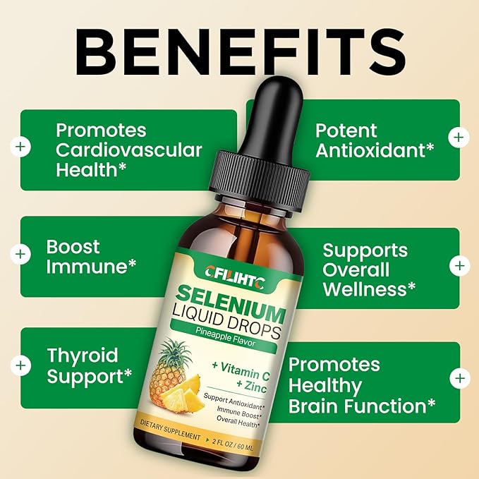 2 Pack Selenium Liquid Drops, 200mcg Liquid Selenium Supplement with Vitamin C & Zinc, Support for Immune System, Antioxidant & Heart Health, High Absorption, Pineapple Flavor