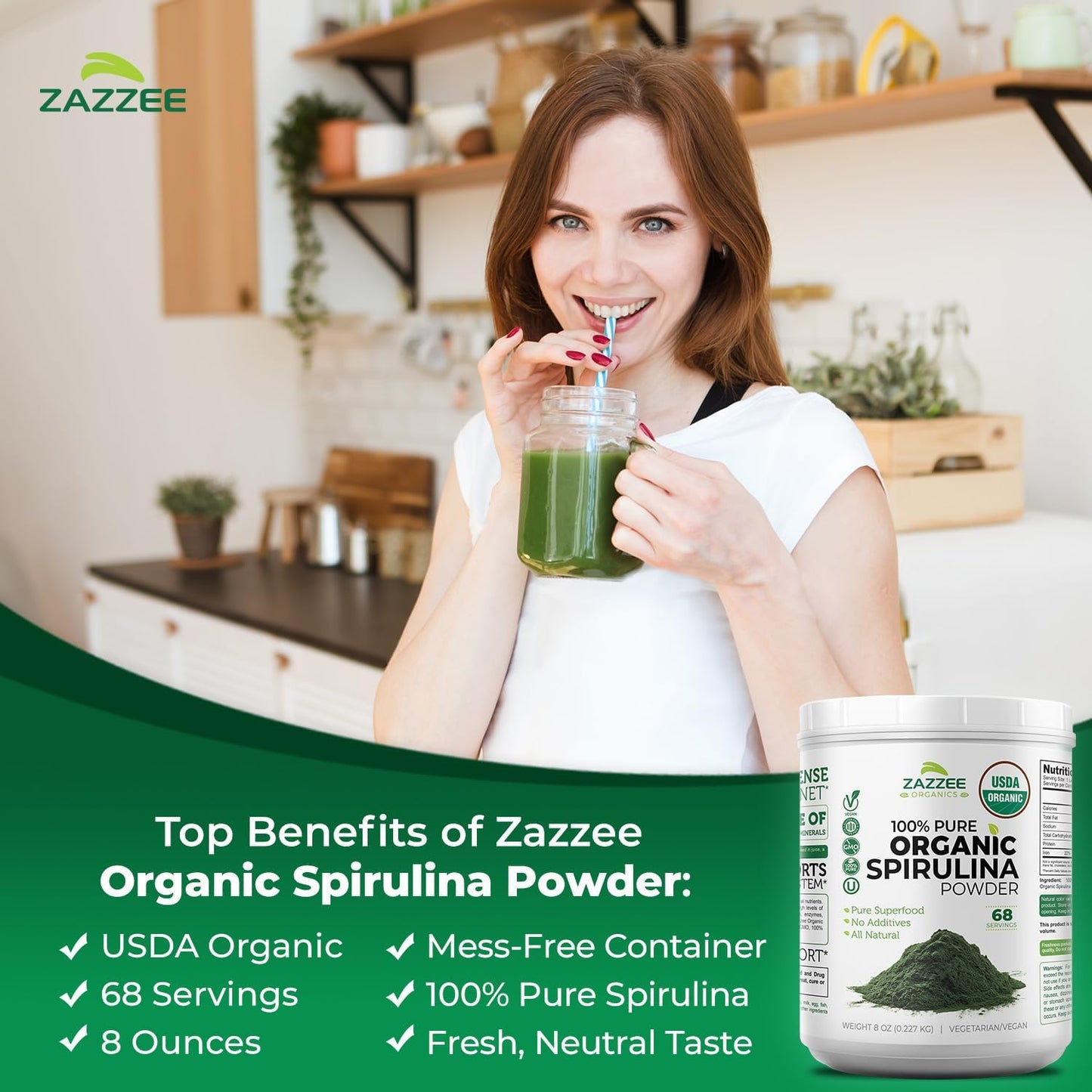Zazzee Organic Spirulina Powder, 8 Ounces, USDA Certified, 68 Servings, 100% Pure, Kosher, Non-Irradiated, Mess-Free Wide Mouth Container, Fresh Smell and Neutral Taste, Non-GMO, Gluten-Free