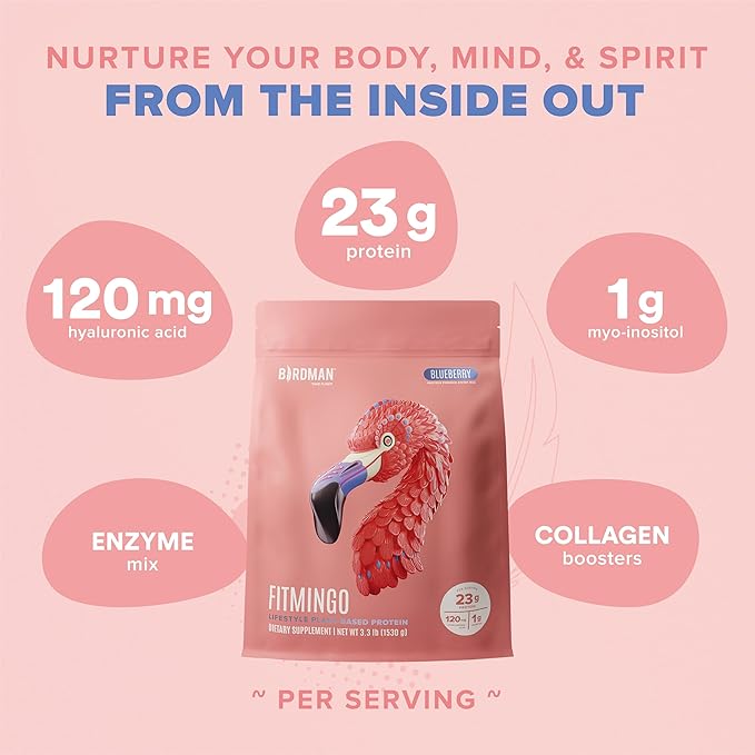 BIRDMAN Fitmingo Vegan Protein Powder with Inositol, Collagen Boosters, Hyaluronic Acid and Vitamins | Low Carb, Dairy Free, Low Calorie | 23g Plant Based Blueberry Protein Powder with Myo-Inositol