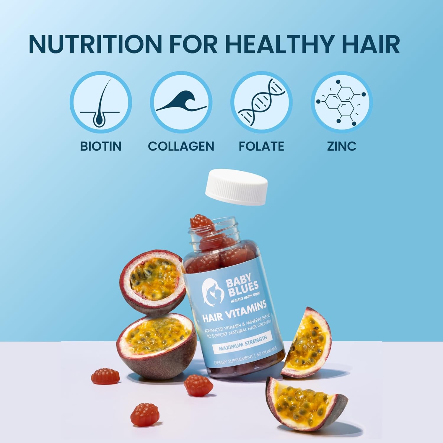 Baby Blues Postpartum Hair Loss Vitamins - Passion Fruit Gummies with Biotin, Collagen, & Folate