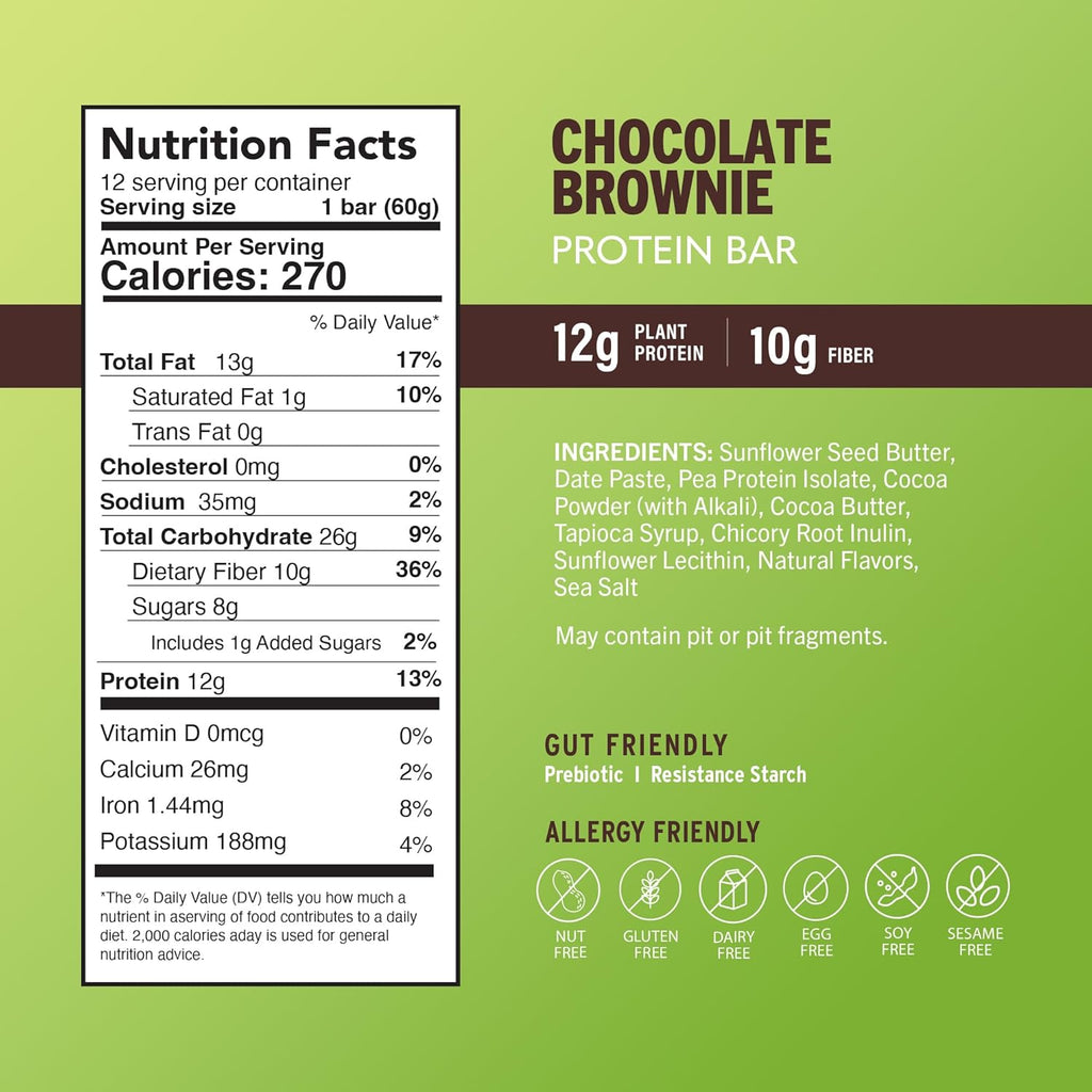 Amrita Nut Free Chocolate Brownie Vegan Protein Bars (12 Count) | 12g Plant-Based Protein Bar | Peanut Free, Gluten Free, and Dairy Free | Low Sugar, High Fiber, Healthy School-Safe Snacks
