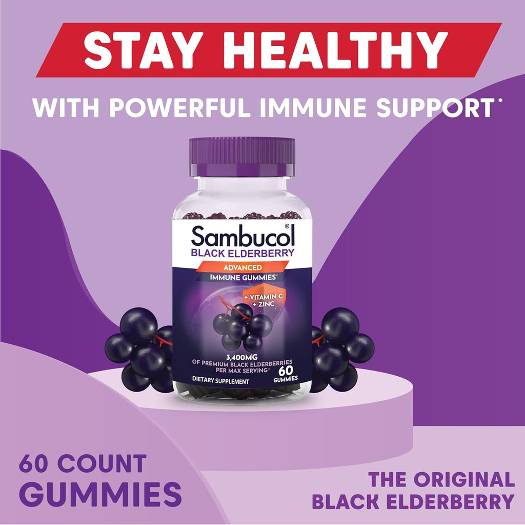 Sambucol Black Elderberry Gummies - Elderberry with Zinc and Vitamin C for Adults, Sambucus Elderberry Gummies, Immune Support Gummies - 60 Count