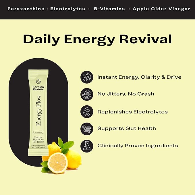 Foreign Waters Energy Drink, Lemonade Electrolyte Drink Mix, Zero Caffeine, 28 Sachets