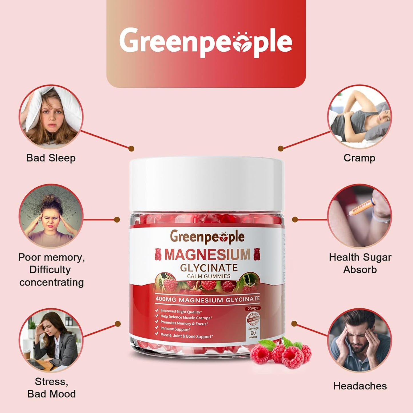 GREENPEOPLE Magnesium Glycinate Gummies 400mg - Sugar Free Magnesium Supplement with Magnesio Malate, Vitamin D, B6, and CoQ10 for Calm Support & Sleep for Adults - Raspberry Gummies