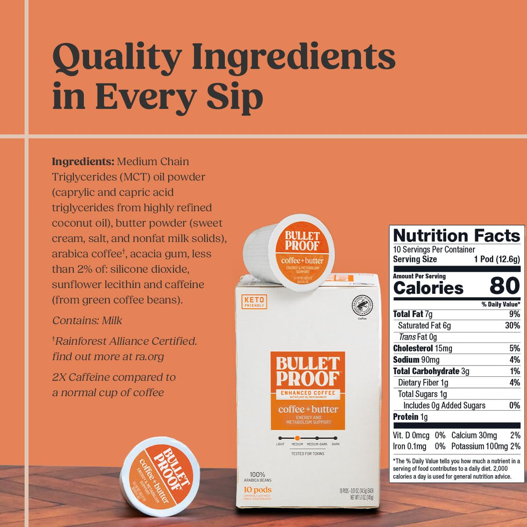 Bulletproof Coffee + Organic Grass-Fed Butter Single-Serve Pods, 10 Count, Keto Coffee, All-in-one Recipe with MCT Oil and Butter, Packaging May Vary