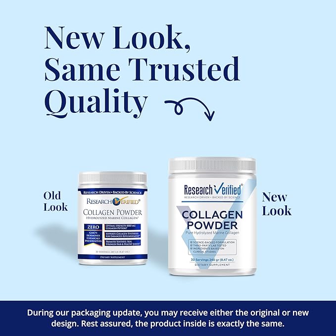 Research Verified® Collagen Powder - Hydrolyzed Marine Collagen Peptides - Unflavored - Skin Hydration and Elasticity, Muscle Recovery, Non GMO - 30 Scoops Per Container - 3 Month Supply