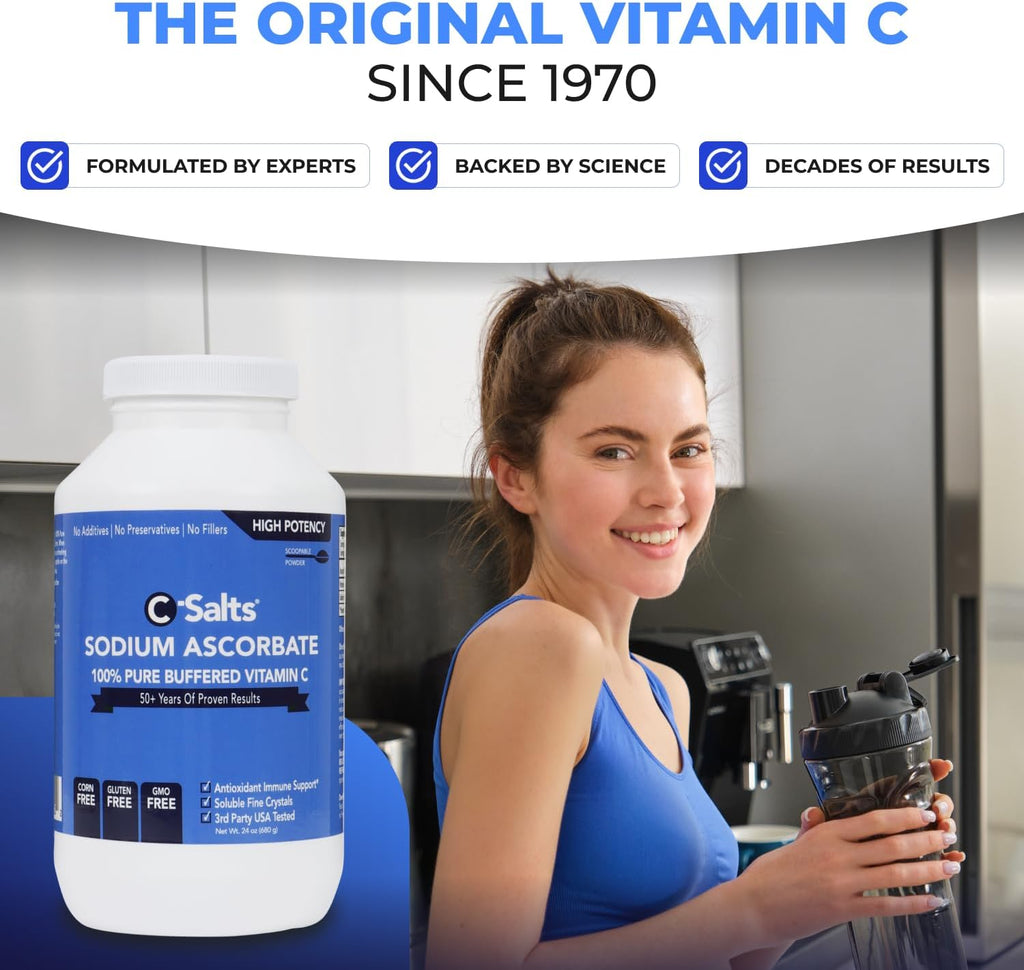 C-Salts Pure Sodium Ascorbate Vitamin C Powder - Non-Acidic Sugar-Free Buffered Powdered Drink for Hydration & Immune Support - Antioxidant for Overall Wellness - Perfect for Drinks or Recipes - 24 oz