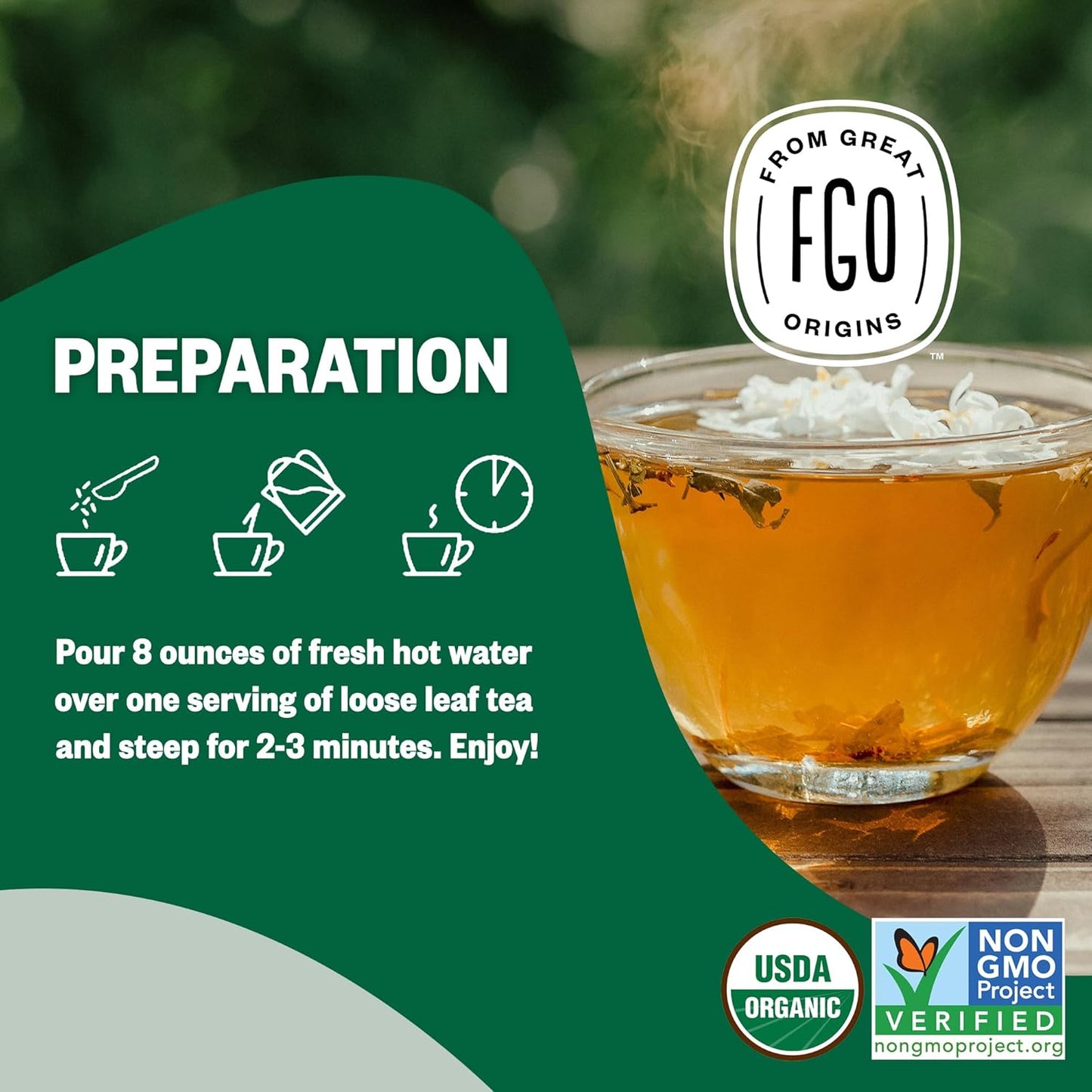 FGO Organic Jasmine Pearl Green Tea, Four Ounce, Loose Leaf, Resealable Bag, Packaging May Vary (Pack of 1)