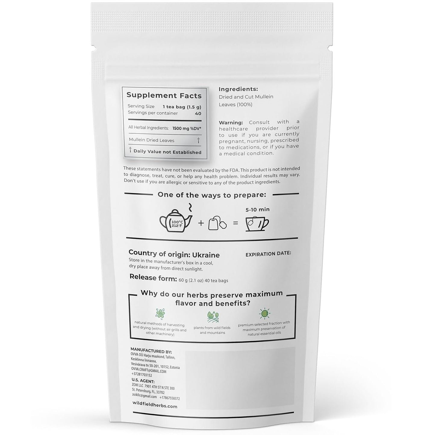 40 Bags Mullen Tea Mullein Tea Leaf (Verbáscum L.) - 40 Count 1.5g Bags Mullen Leaves Mullein Loose Leaf Hoja De Gordolobo