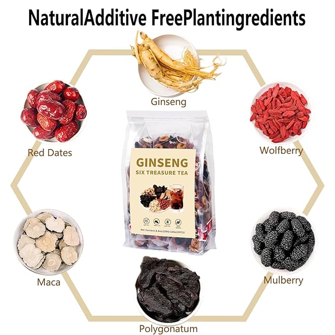 Ginseng Six Treasures Kidney Tea - Traditional Chinese Herbal Tea with Ingredients, 6 Precious Herbs Formula (50 Tea Bags)