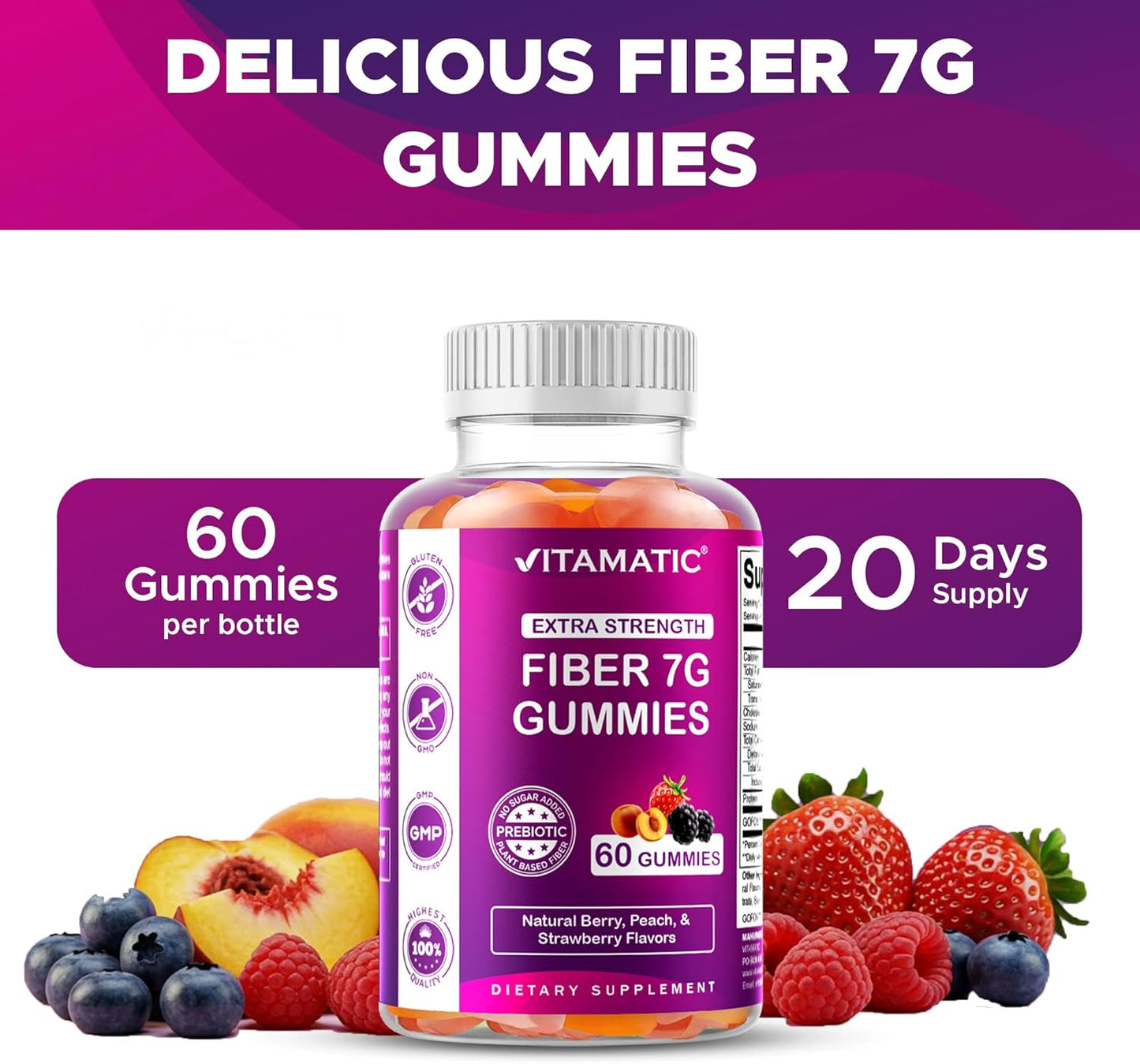 Vitamatic Prebiotic Fiber Gummies for Digestive Health & Regularity, Extra Strength, 7g Fiber per Serving, Zero Sugar Added, Made in USA, 60 Count (2 Pack)