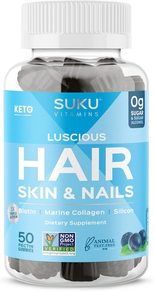 SUKU Vitamins - Luscious Hair - Silicon Biotin and Hydrolyzed Marine Collagen Gummies for Skin, Hair & Nails - Easy to Chew - Non GMO, Gluten Sugar Free - Blueberry Flavored Gummy Vitamins - 50 Count