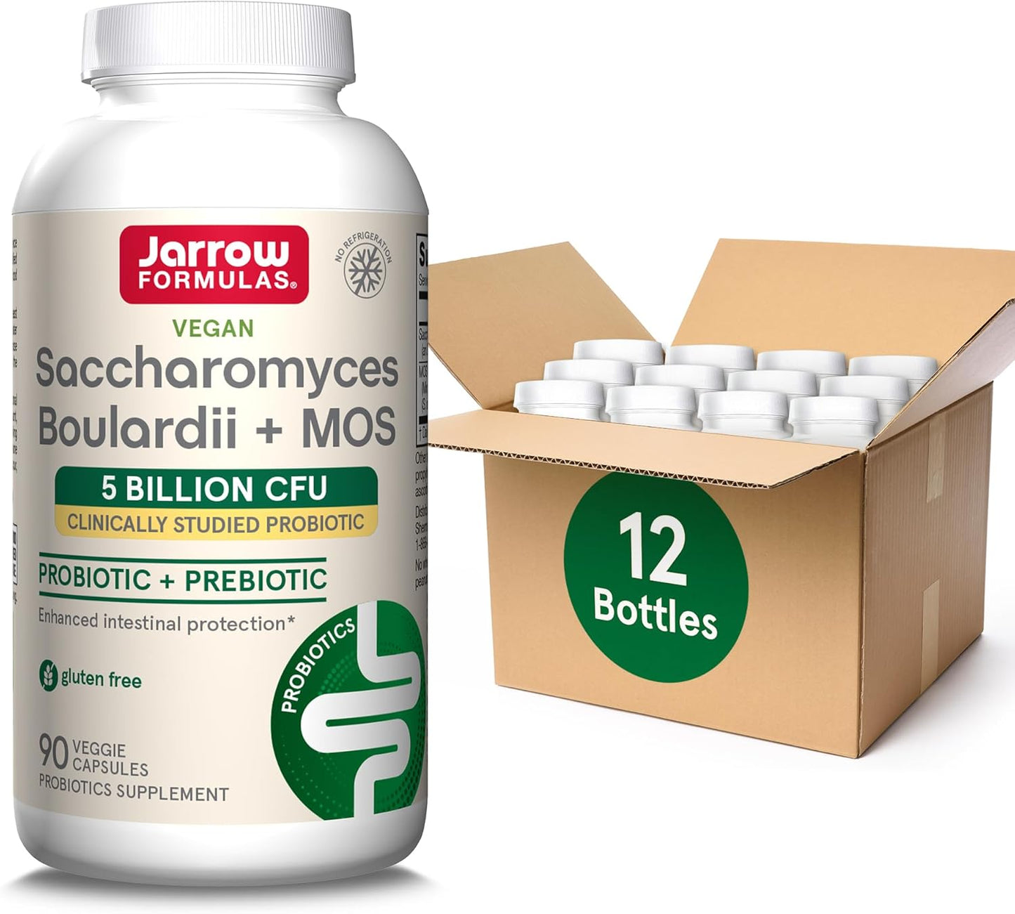 Jarrow Formulas Saccharomyces Boulardii Probiotics + MOS 5 Billion CFU Probiotic Yeast for Intestinal Health Support, Gut Health Supplements for Women and Men, 90 Veggie Caps, 90 Day Supply,Pack of 12