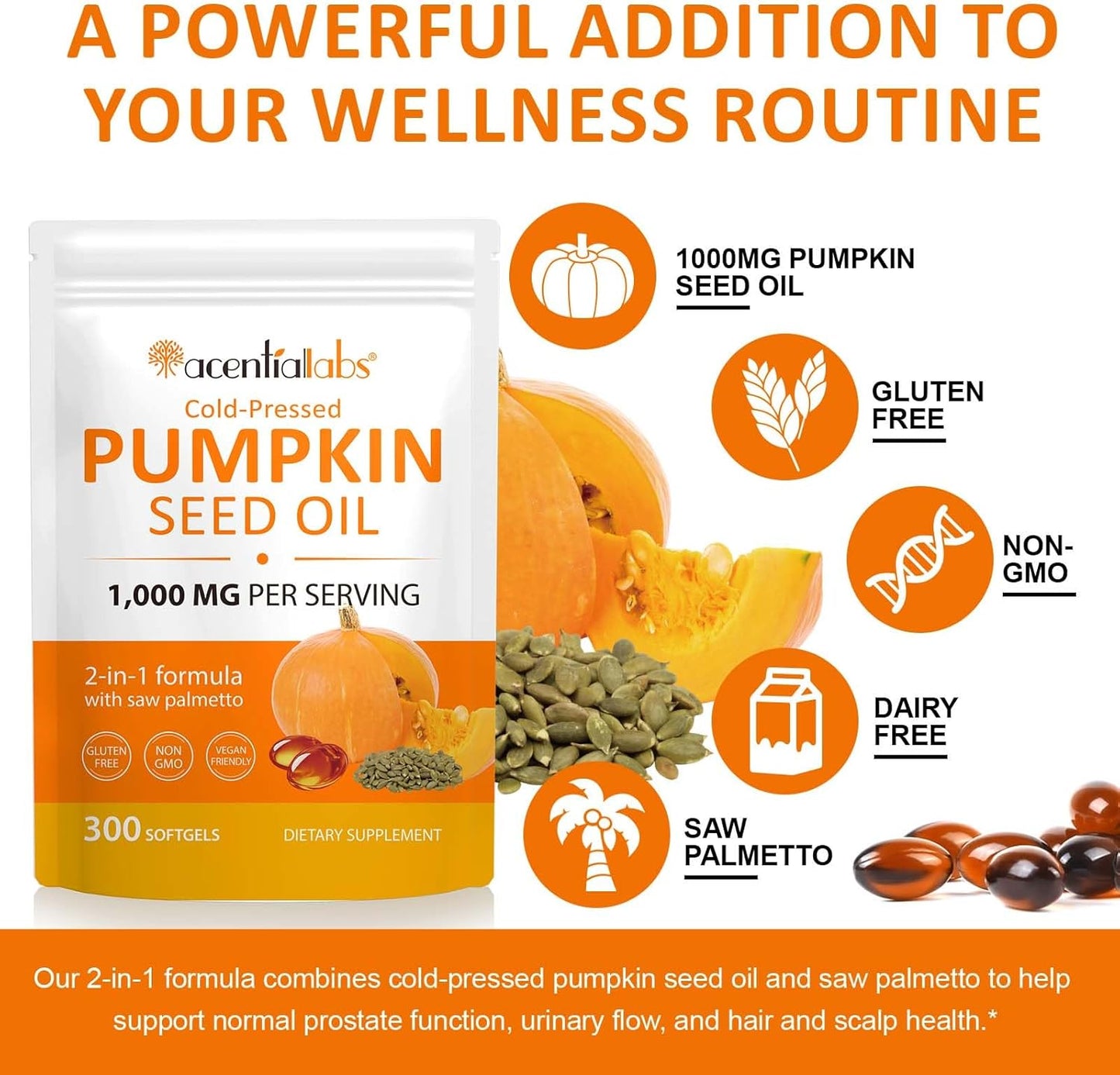 Pumpkin Seed Oil Capsules, Pumpkin Seed Oil with Saw Palmetto Capsules Cold-Pressed 1,000 mg per Serving, Supports Prostate Function, Hair Health, Rich in Essential Fatty Acids & Zinc