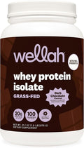 Wellah Grass-Fed Whey Protein Isolate Powder (Dark Chocolate) 30 Servings - with Prebiotics, Enzymes & Probiotics, 20g of Protein, 100 Calories, Naturally Sweetened