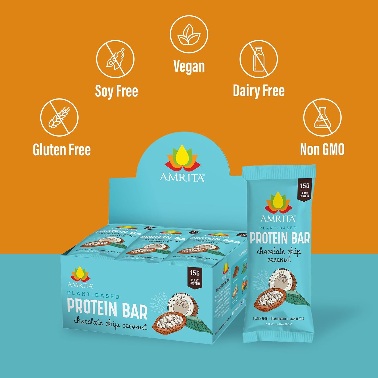 Amrita Nut Free Chocolate Chip Coconut Vegan Protein Bars (12 CT PK of 3) | 12g Plant-Based Protein Bar | Peanut Free, Gluten Free, and Dairy Free | Low Sugar, High Fiber, Healthy School-Safe Snacks