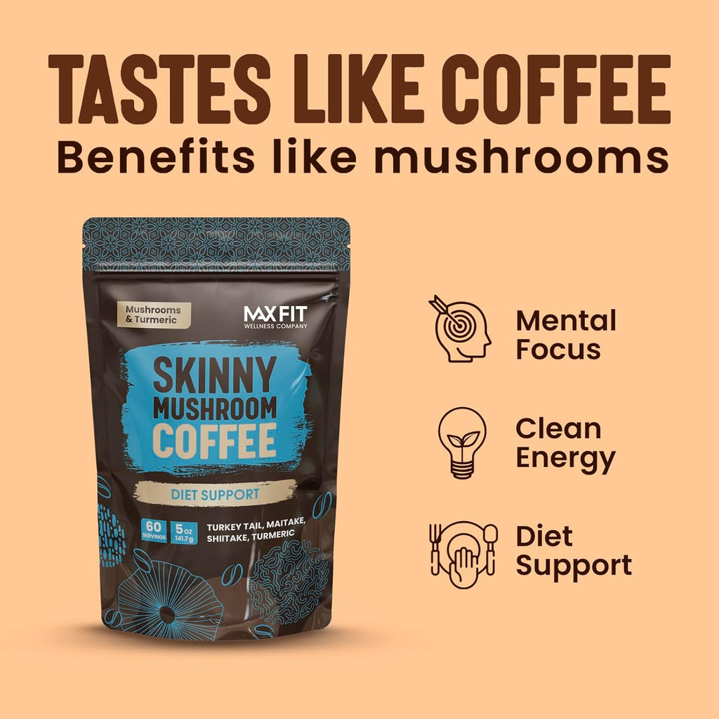 Skinny Instant Mushroom Coffee (60 Servings) Mental Focus Plus Diet Support - Turkey Tail, Maitake, Shiitake & Turmeric, Mixed With Gourmet 100% Arabica Medium Roast Instant Coffee